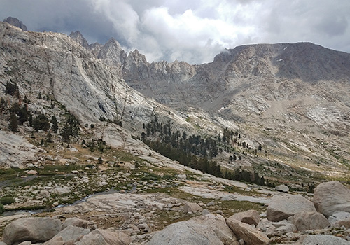 Rain on the way.  Looking down from the Sky Blue Lake waterfall.