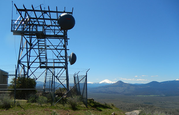 The relay station tower along the lava rim.  Mt Lassen in the background