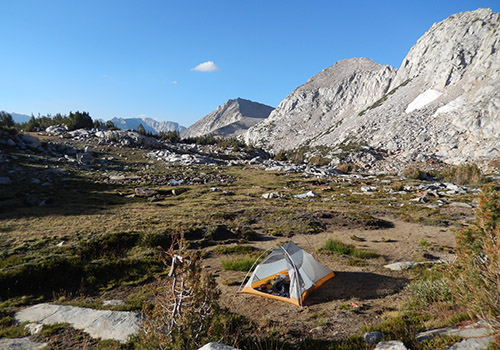 Camped on the easy slopes below the southern side of Hopkins Pass