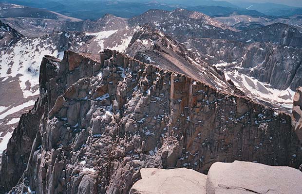 June 1988, looking down along the Keeler Needles from the 14,495' summit of Whitney.