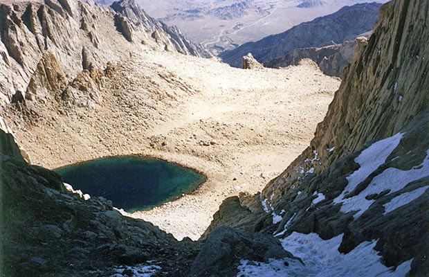 October 1991: Looking down the Mountaineer's route couloir to Iceberg lake.