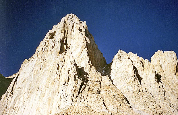  October 1991: Looking up the east face of Whitney from Iceberg Lake.