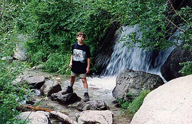 August 1993: My son Jordan [age 11] astride North Fork Creek on the Whitney Portal Trail. 